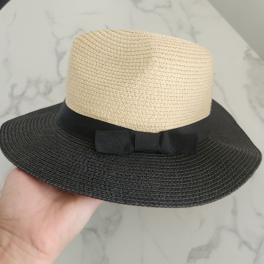 Two-Tone Black & Beige Synthetic Raffia With Ribbon Womens Hat - Picture 9 of 17